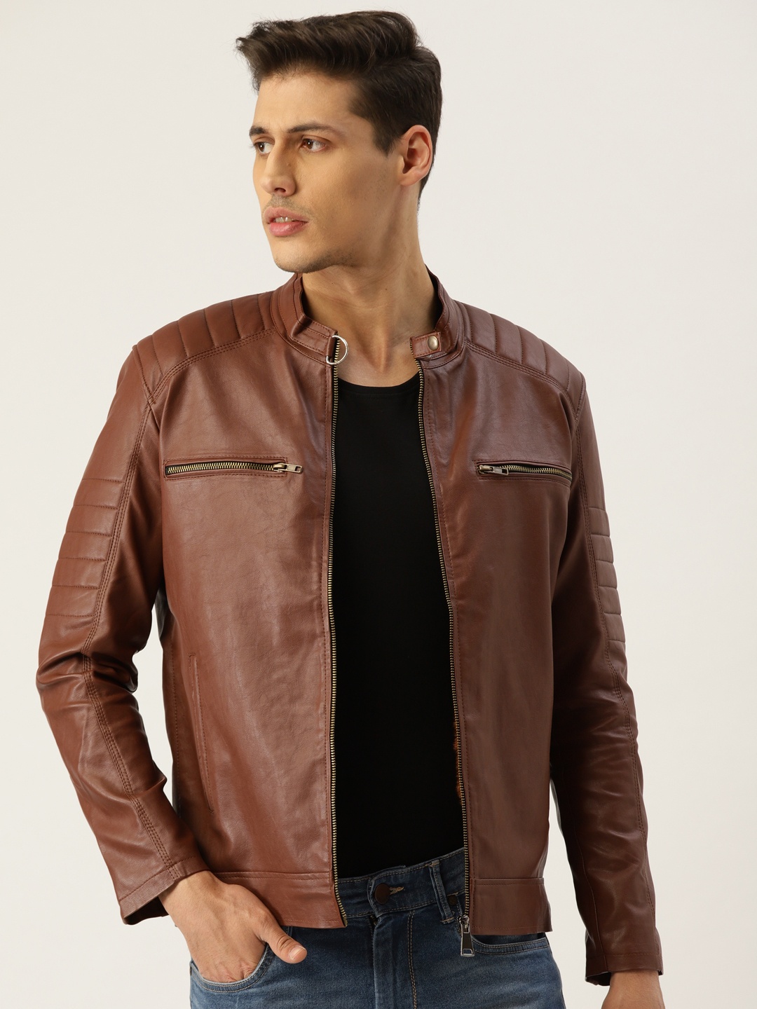 

Leather Retail Men Brown Solid Lightweight Biker Jacket