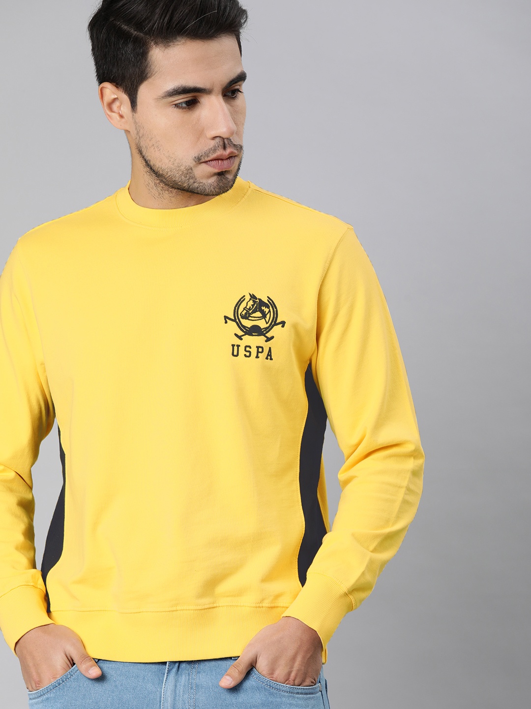 

U.S. Polo Assn. Men Yellow Solid Pullover Sweatshirt