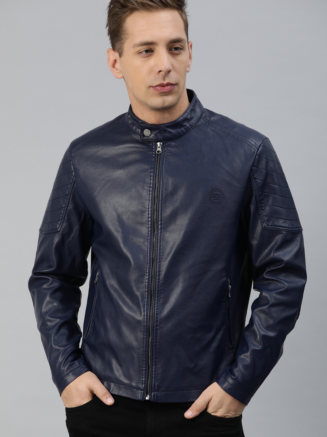 

U.S. Polo Assn. Men Navy Blue Solid Biker Jacket