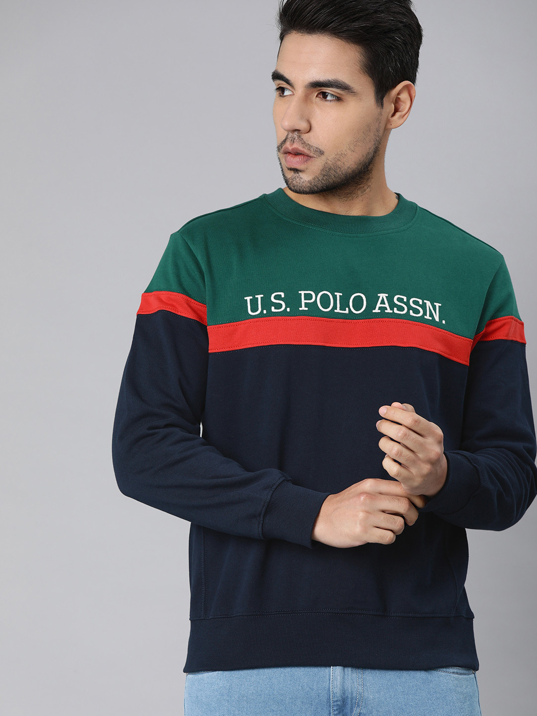 

U.S. Polo Assn. Men Navy Blue & Teal Green Colourblocked Pullover Sweatshirt