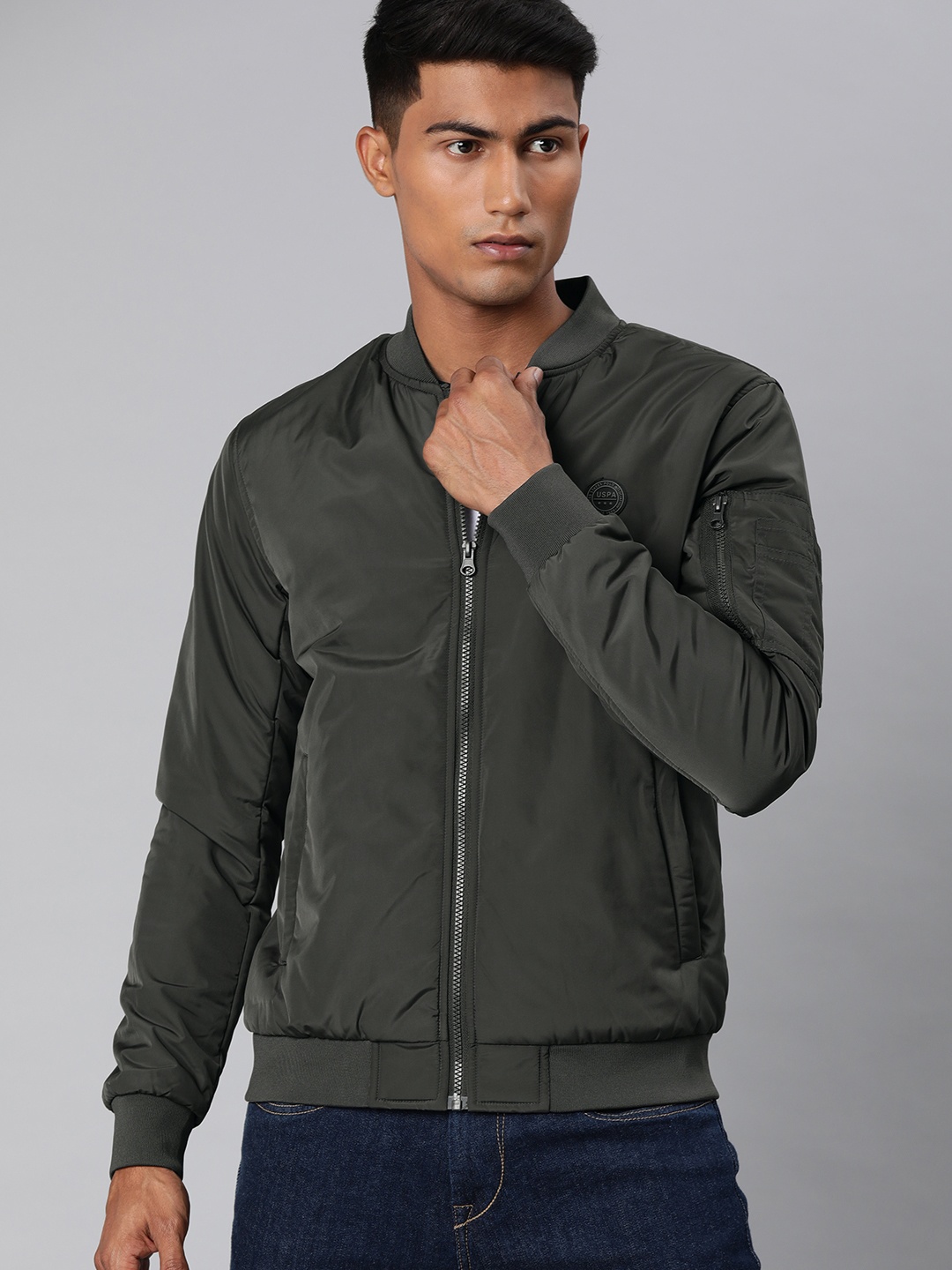 

U.S. Polo Assn. Men Grey Solid Bomber Jacket
