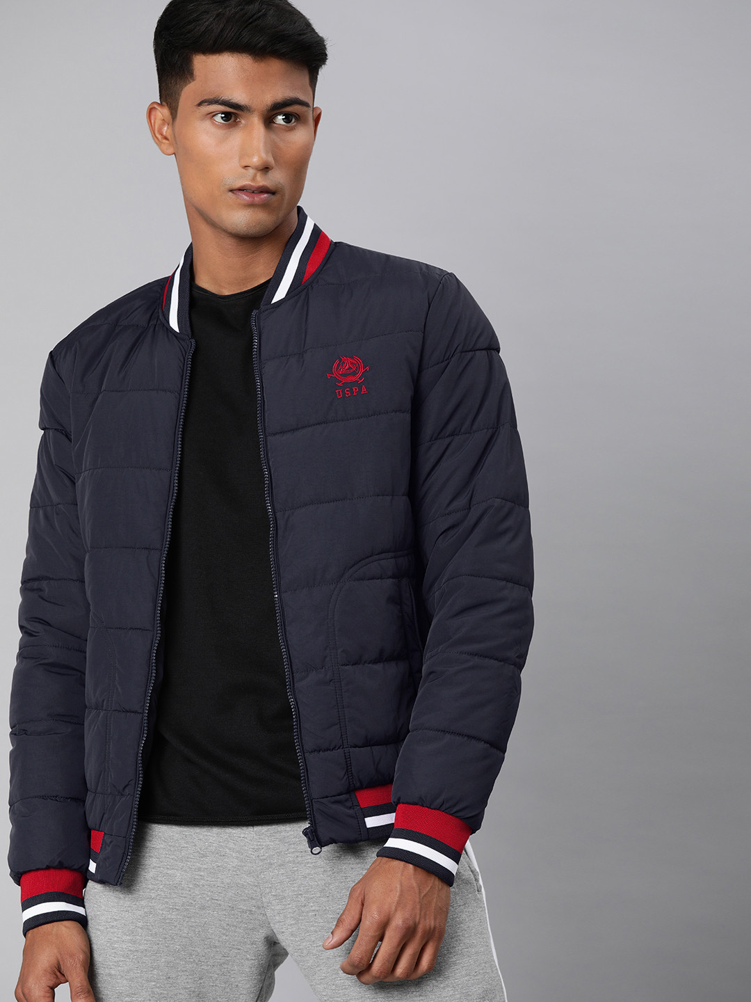 

U.S. Polo Assn. Men Navy Blue Solid Bomber Jacket