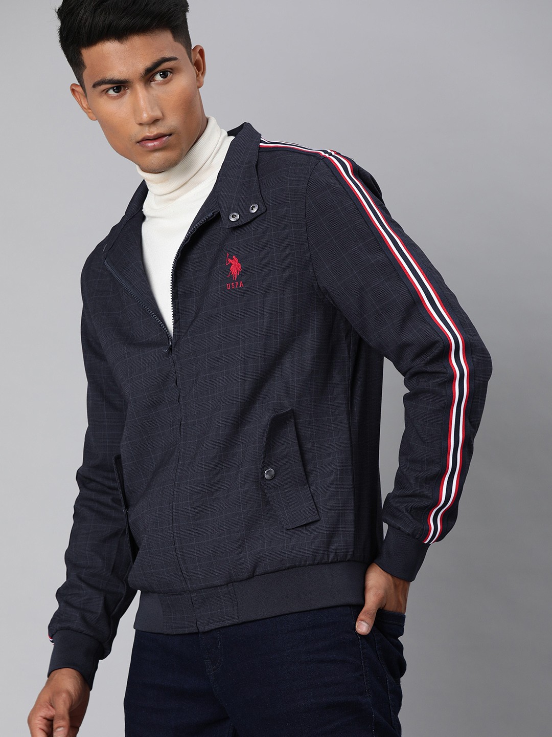 

U.S. Polo Assn. Men Navy Blue Checked Side Striped Bomber Jacket