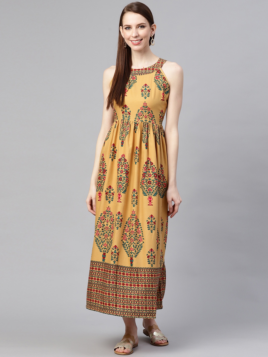 

plusS Women Mustard Yellow & Green Printed Maxi Dress