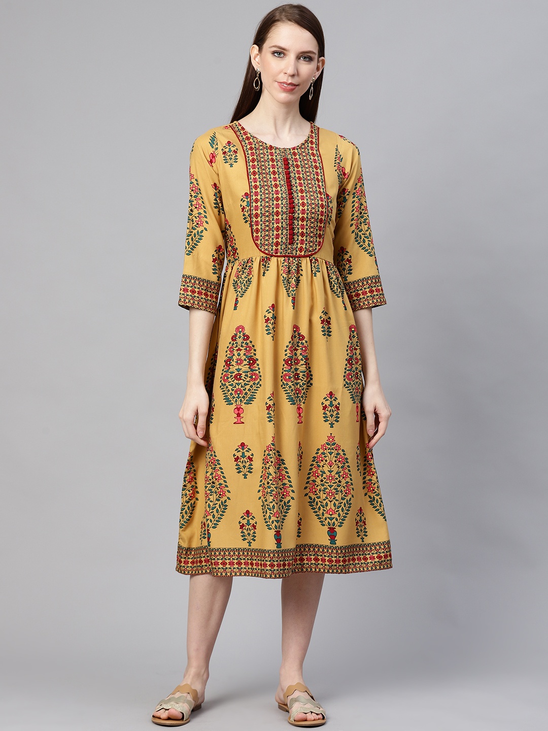 

plusS Women Mustard Yellow & Pink Printed A-Line Dress