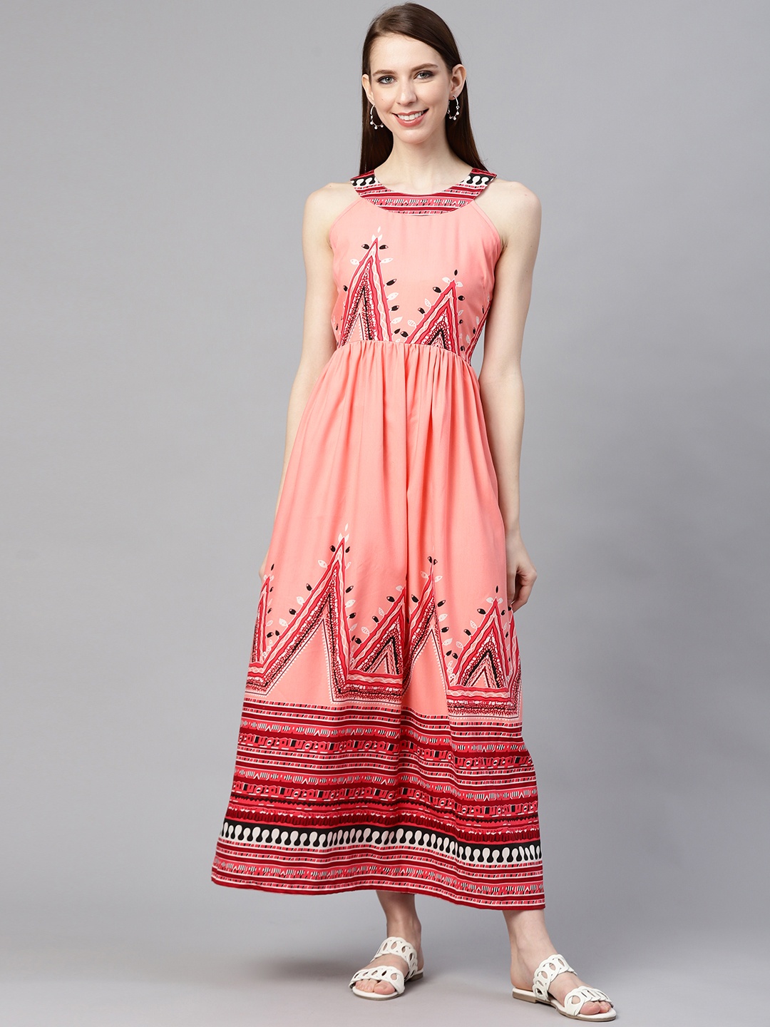 

plusS Women Peach-Coloured & Red Printed Maxi Dress