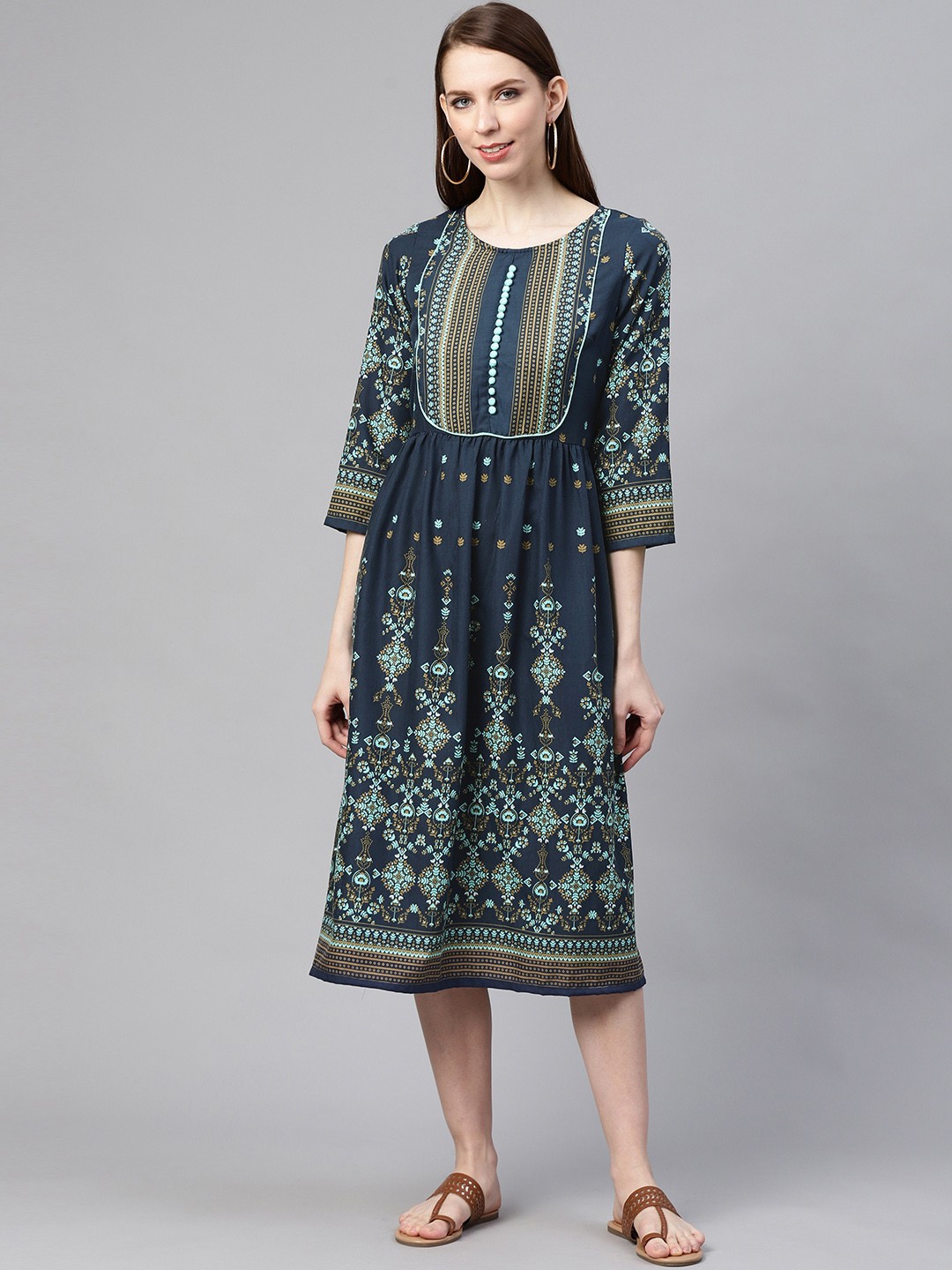 

plusS Women Blue Printed A-Line Dress