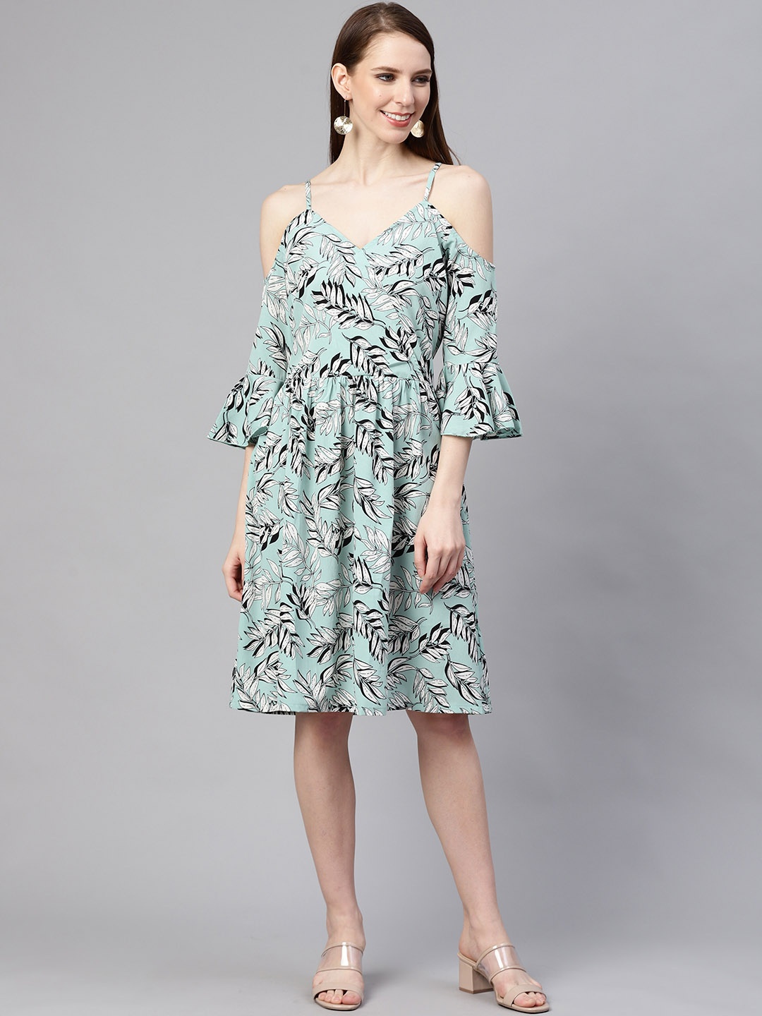 

plusS Women Sea Green & White Floral Print A-Line Dress
