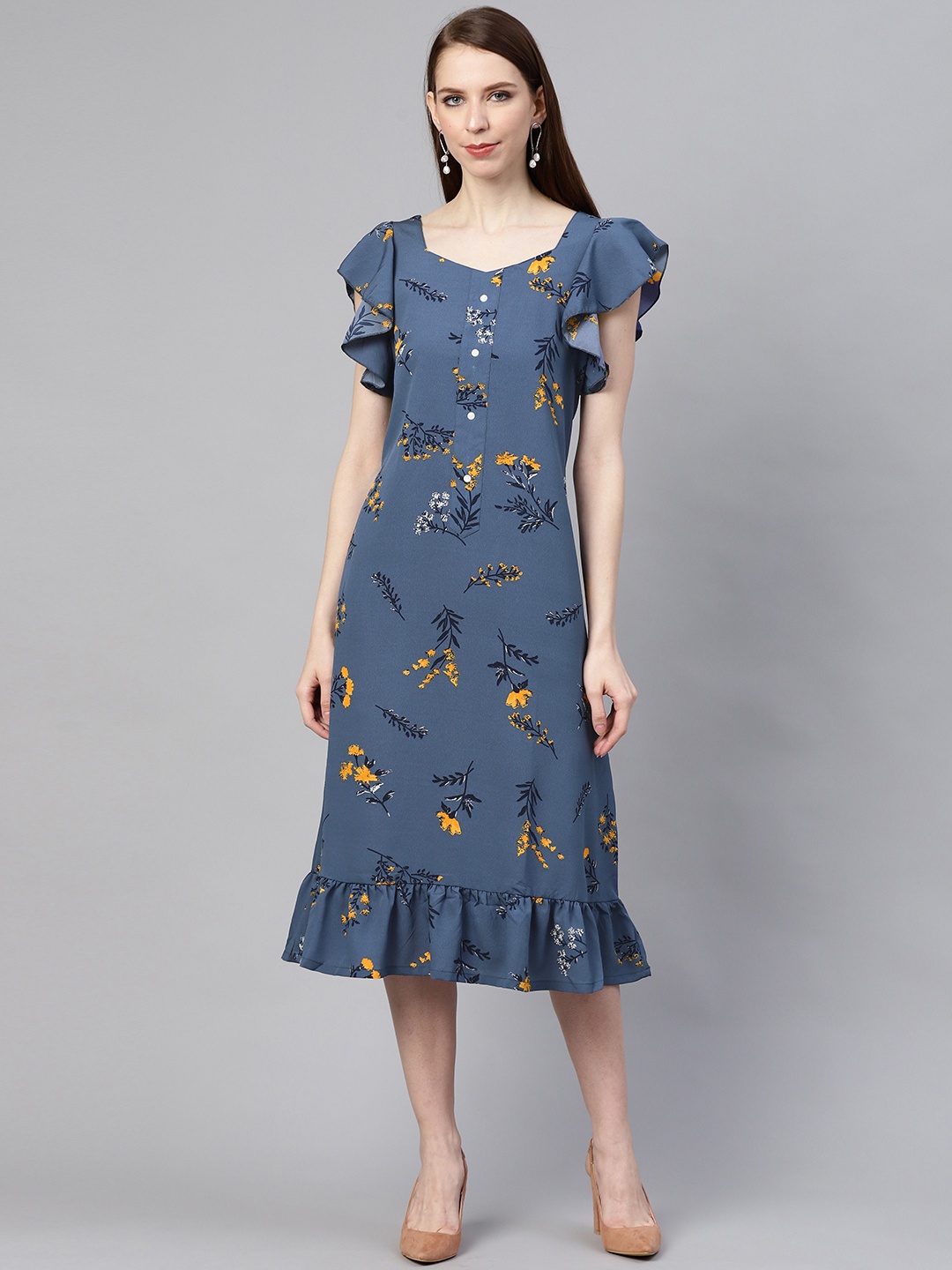 

plusS Women Navy Blue & Mustard Yellow Floral Printed A-Line Dress