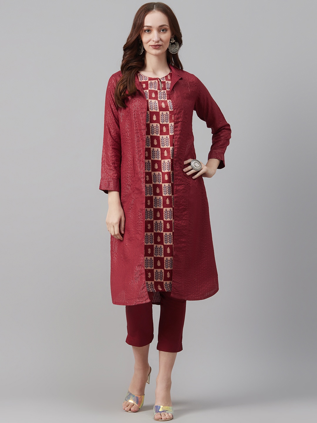 

Biba Women Maroon & Beige Printed Kurta with Trousers & Shrug