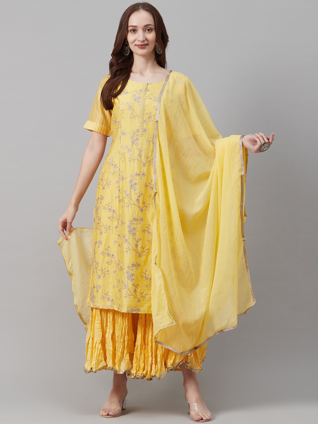 

Biba Women Yellow & Grey Embroidered Kurta with Sharara & Dupatta