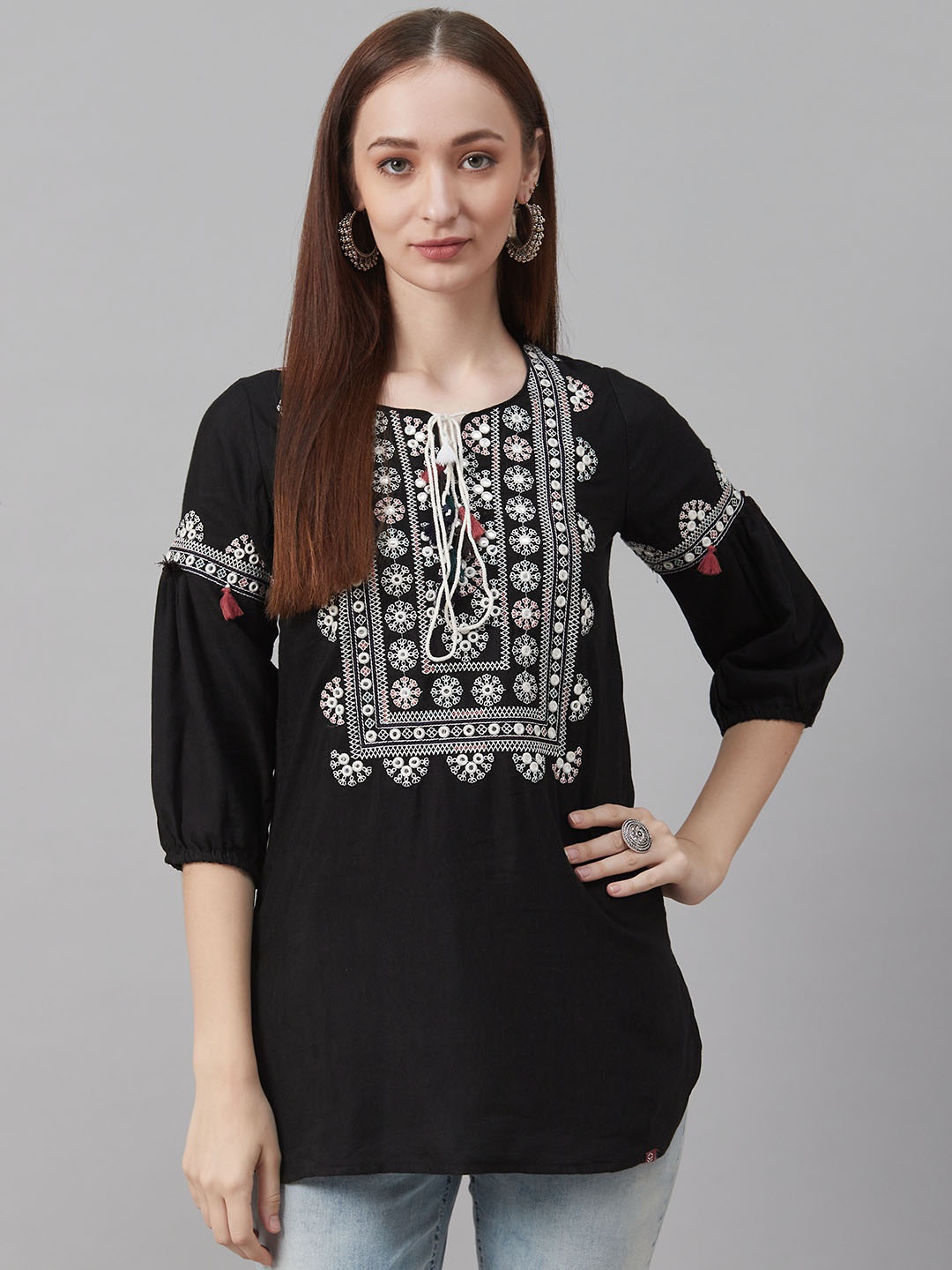 

Biba Women Black & White Embroidered Kurti