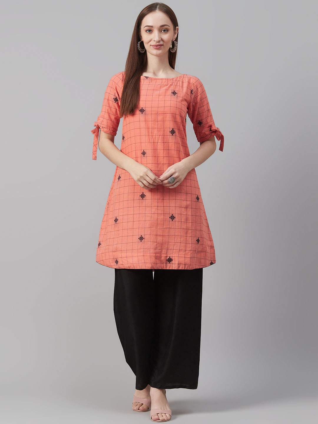 

Biba Women Coral Orange & Black Checked A-Line Kurta