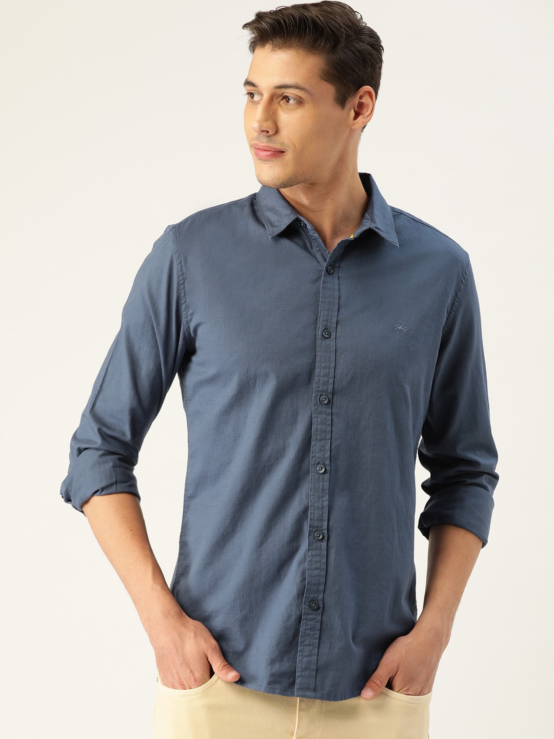 

United Colors of Benetton Men Navy Blue Slim Fit Solid Casual Shirt