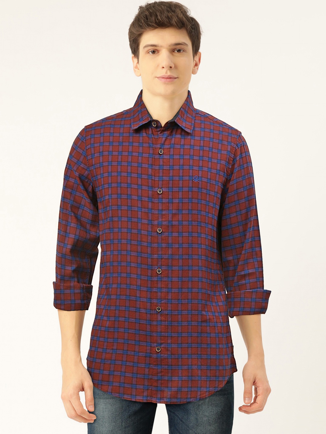 

United Colors of Benetton Men Burgundy & Blue Slim Fit Checked Casual Shirt, Maroon