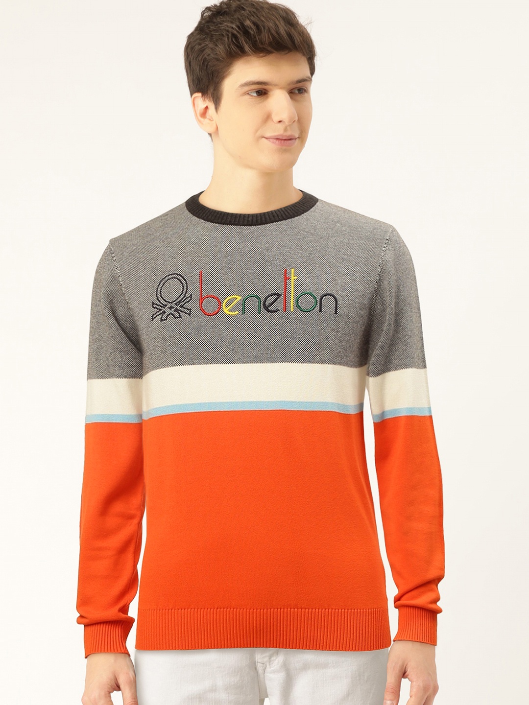 

United Colors of Benetton Men Orange & Grey Colourblocked Pullover with Brand Logo Detail