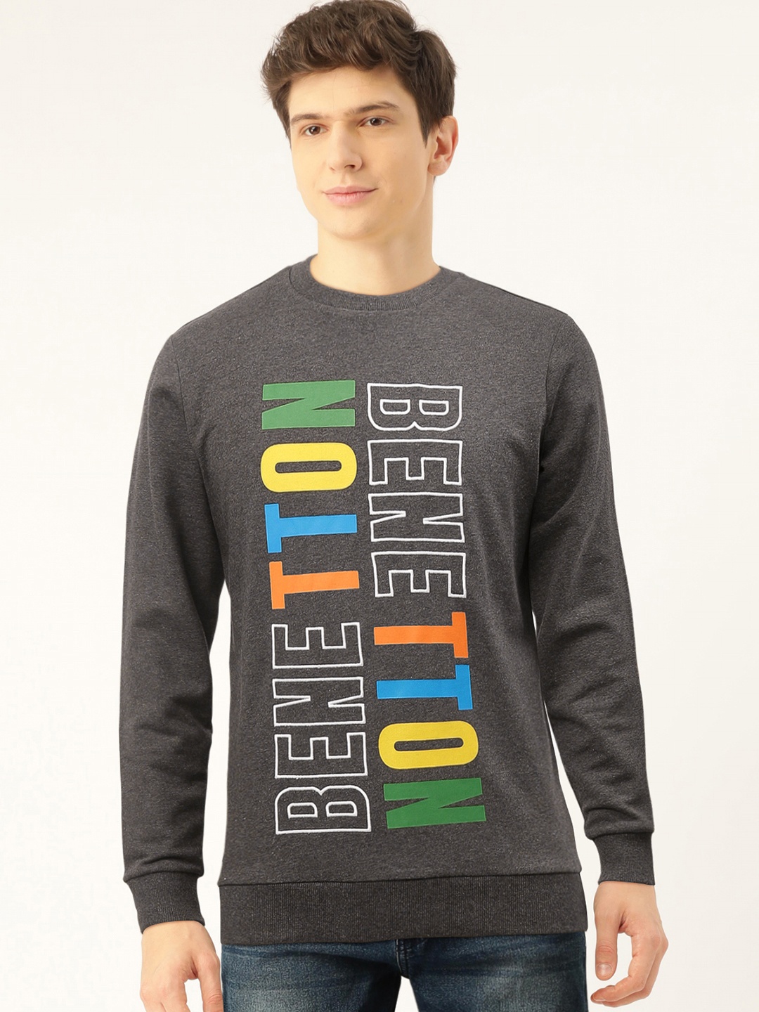 

United Colors of Benetton Men Charcoal Grey Brand Logo Print & Embroidery Sweatshirt
