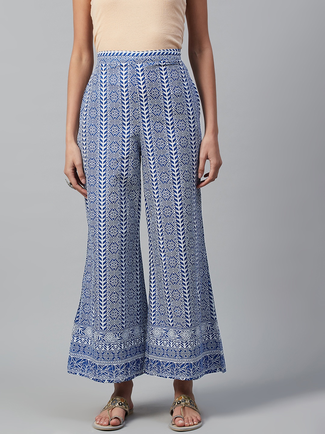 

Yuris Women Blue & White Pure Cotton Printed Wide Cropped Palazzos
