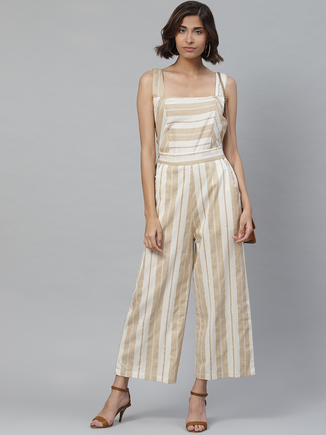 

Yuris Women Beige & Off-White Striped Basic Jumpsuit