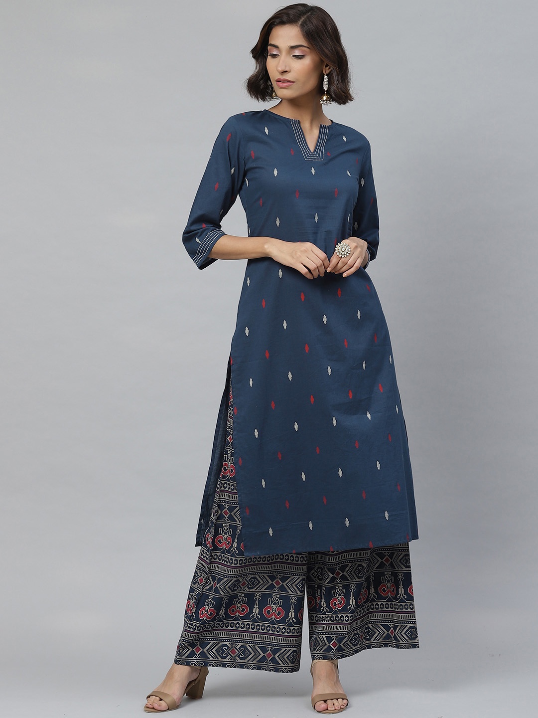 

Yuris Women Navy Blue & White Ethnic Motifs Print Kurta with Palazzos