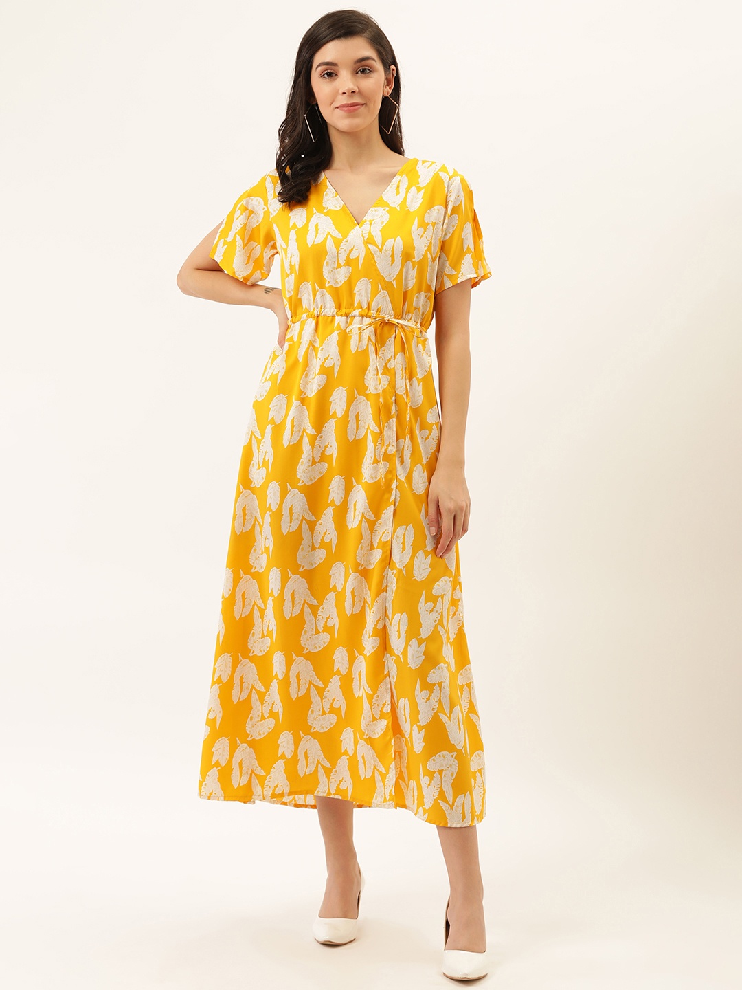 

Darzi Women Yellow & White Leaf Print Midi Wrap Dress