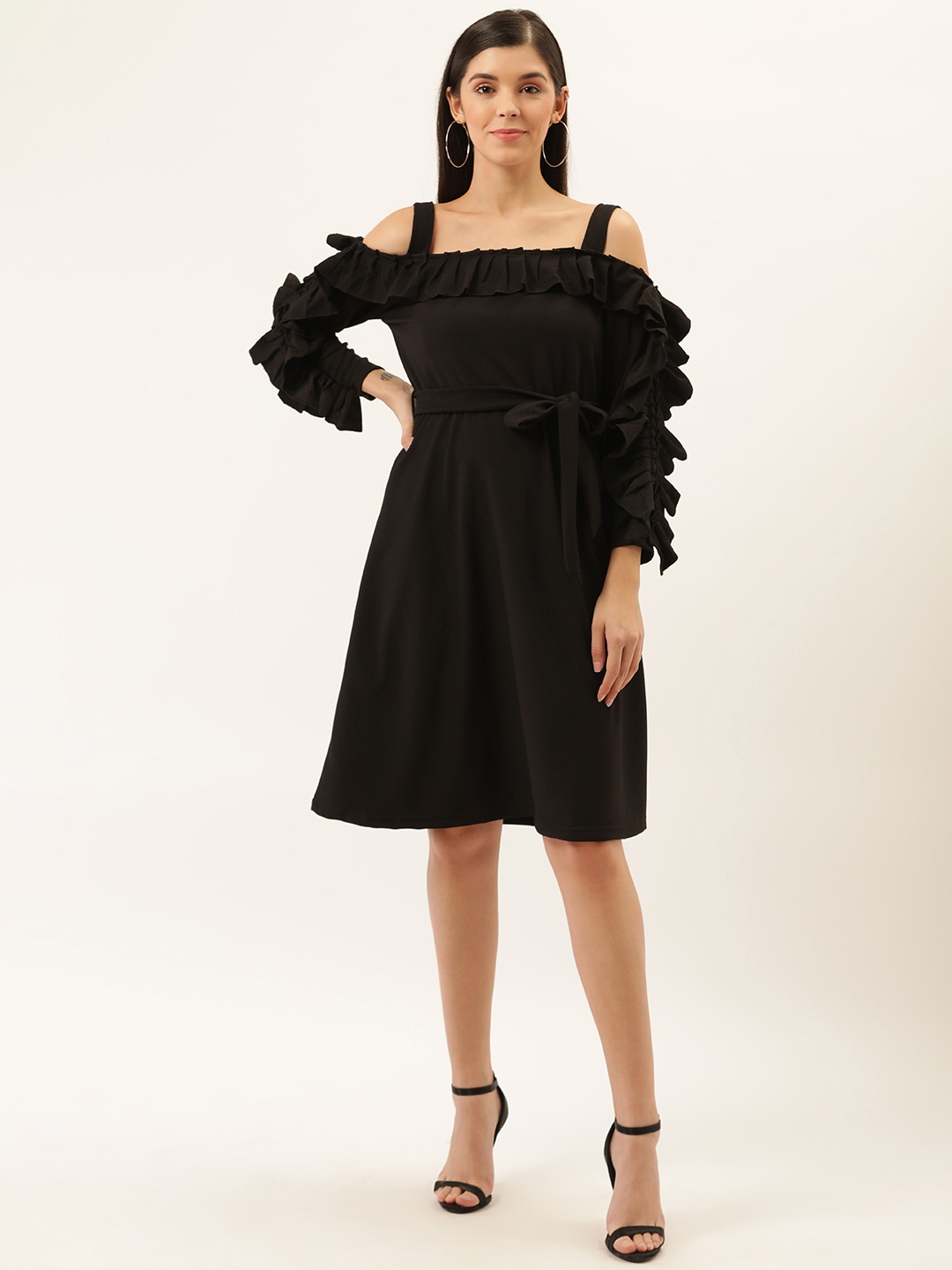 

Darzi Women Black Solid Ruffled A-Line Dress with Belt