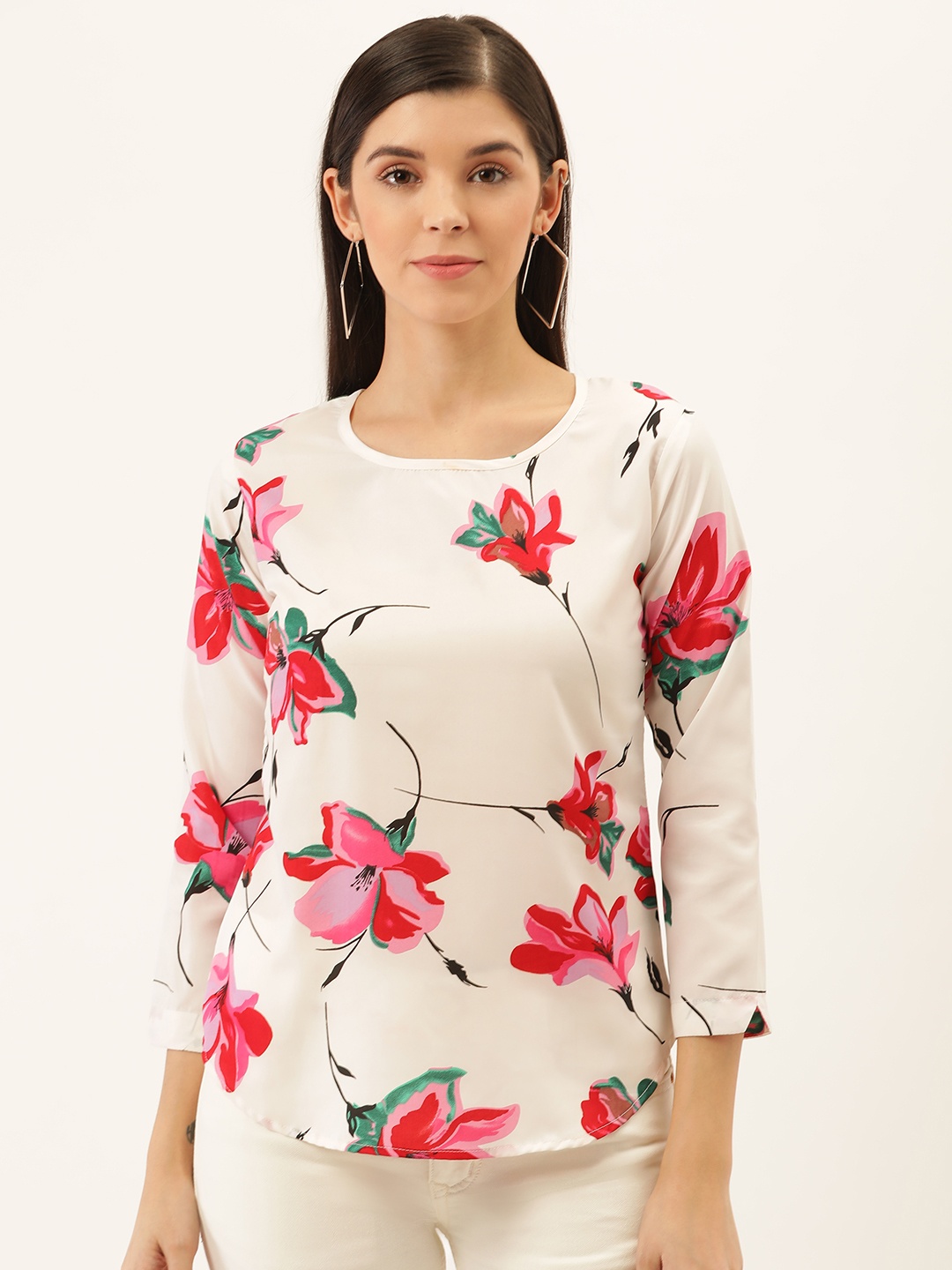 

Darzi Women Off-White & Red Floral Print Pure Cotton Top