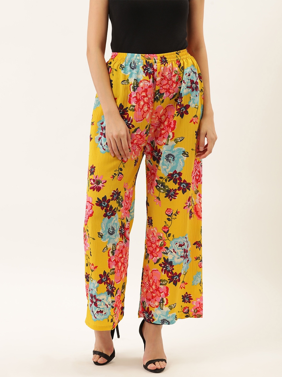 

Darzi Women Yellow & Blue Floral Print Straight Palazzos