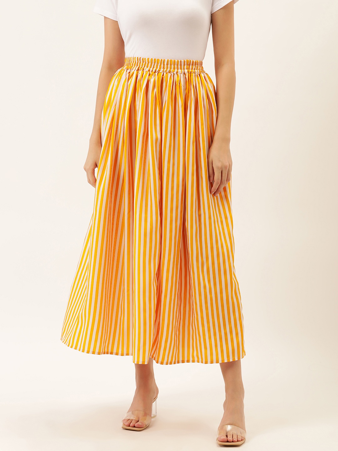 

Darzi Women Mustard Yellow & White Striped Gathered Midi A-Line Skirt