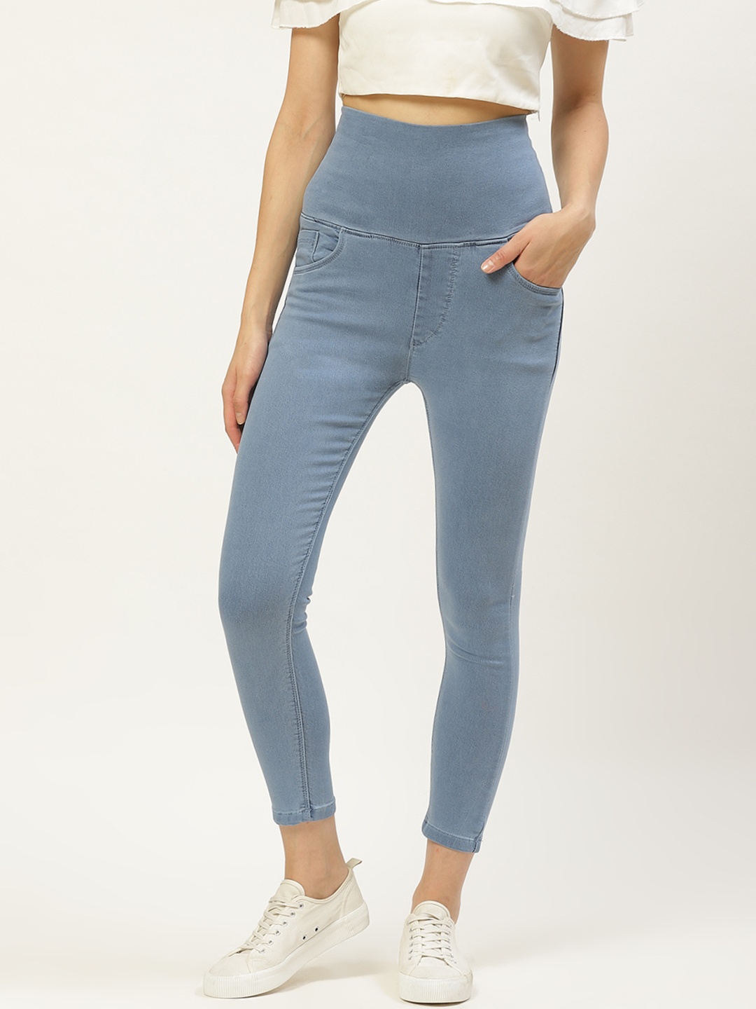 

Paris Hamilton Women Blue Solid Tummy Tucker High-Rise Cropped Jeggings