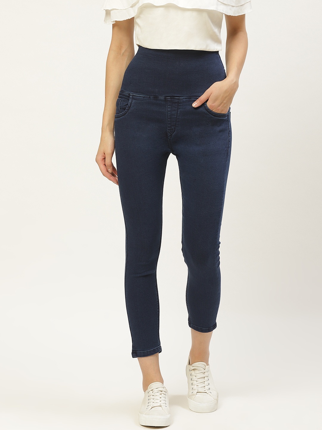 

Paris Hamilton Women Navy Blue Solid Tummy Tucker High-Rise Cropped Jeggings