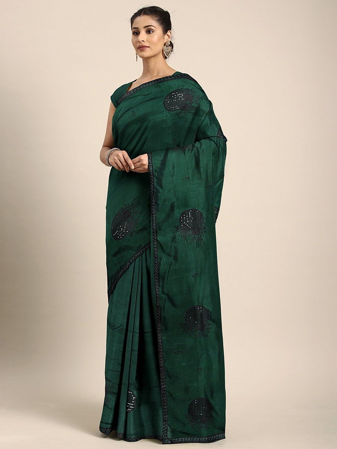

KALINI Teal Green & Black Silk Blend Embellished Saree