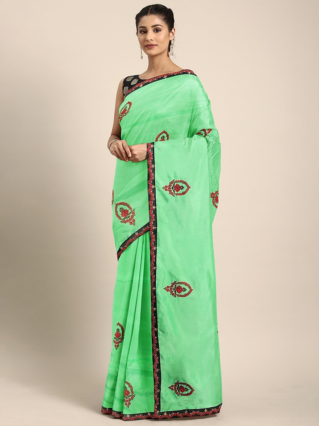 

Mitera Green Embroidered Silk Blend Saree