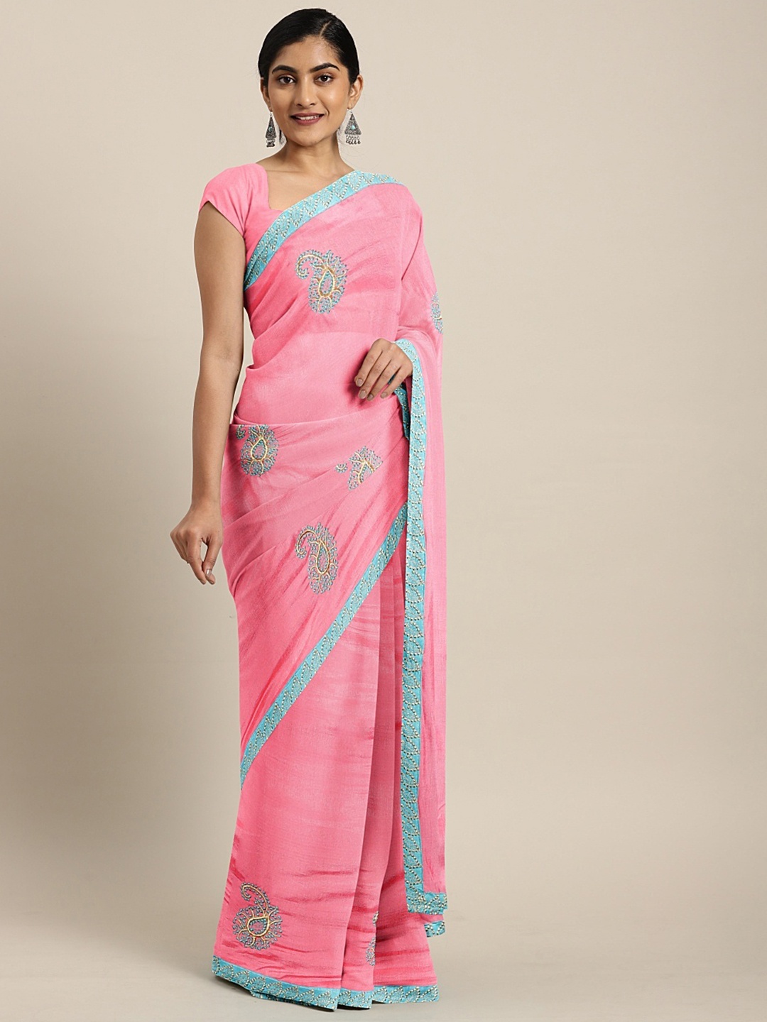 

Mitera Pink & Blue Silk Blend Embroidered Saree