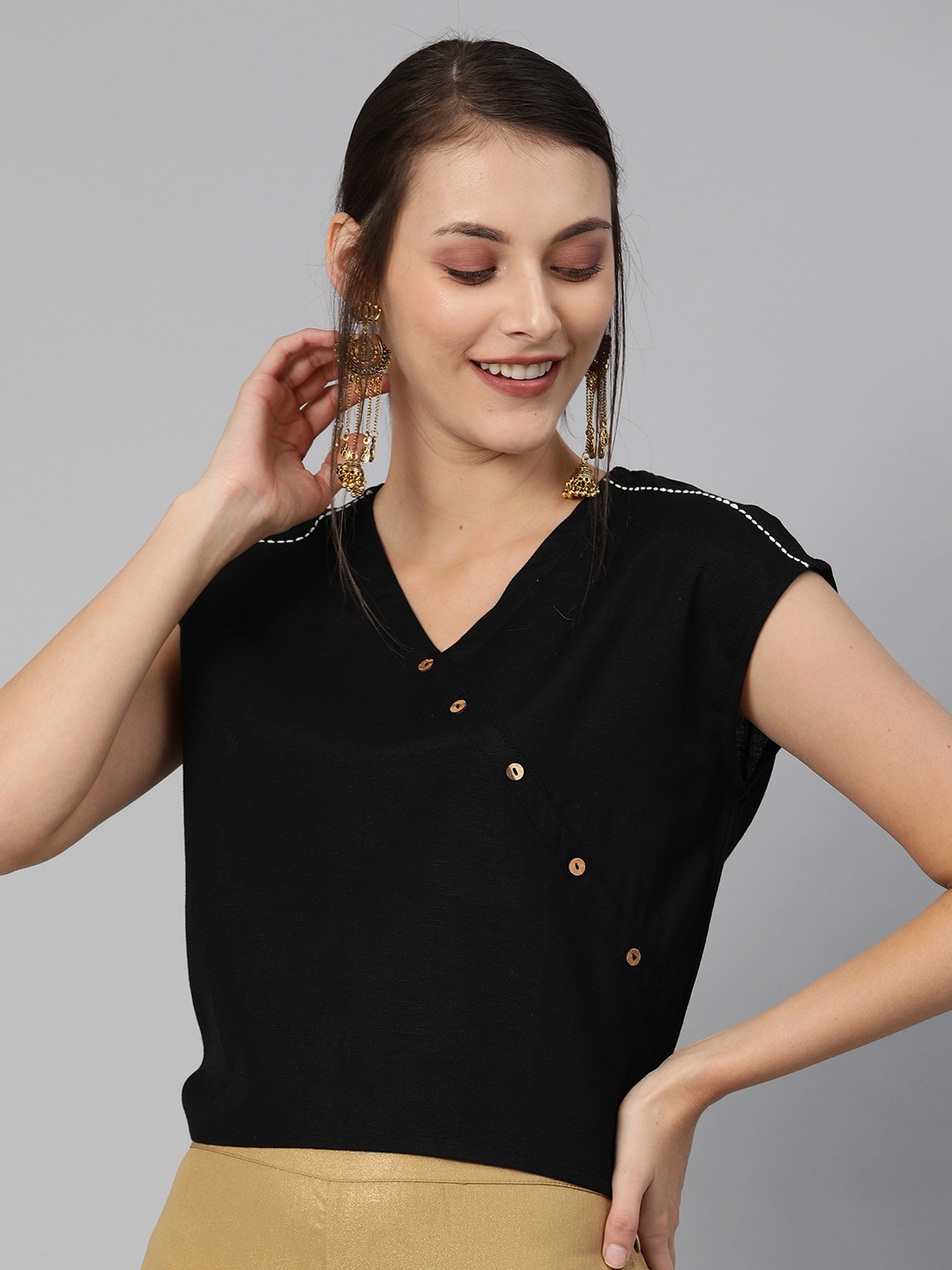 

Global Desi Women Black Solid Cropped Top With Button Detailing