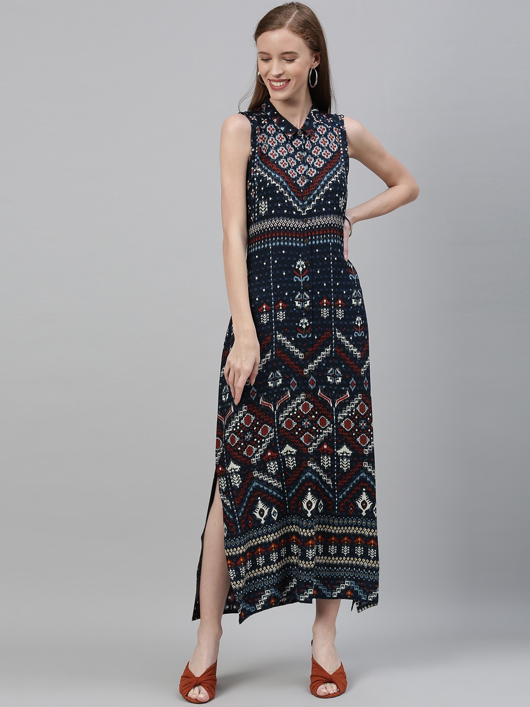 

Global Desi Women Blue & Red Printed Maxi Dress with Tie-Ups