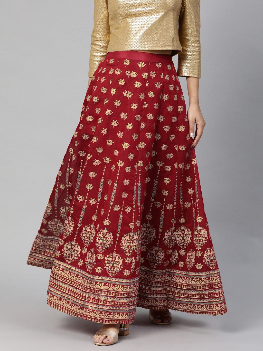 

Global Desi Women Maroon & Gold-Toned Foil Floral Printed Flared Maxi Skirt