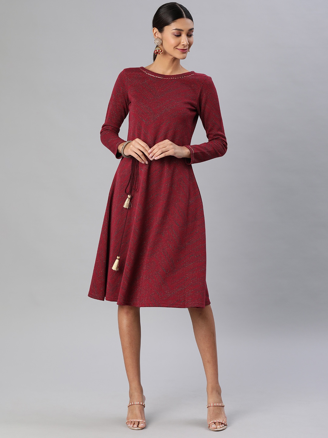 

Global Desi Women Maroon Self Design Fit and Flare Dress