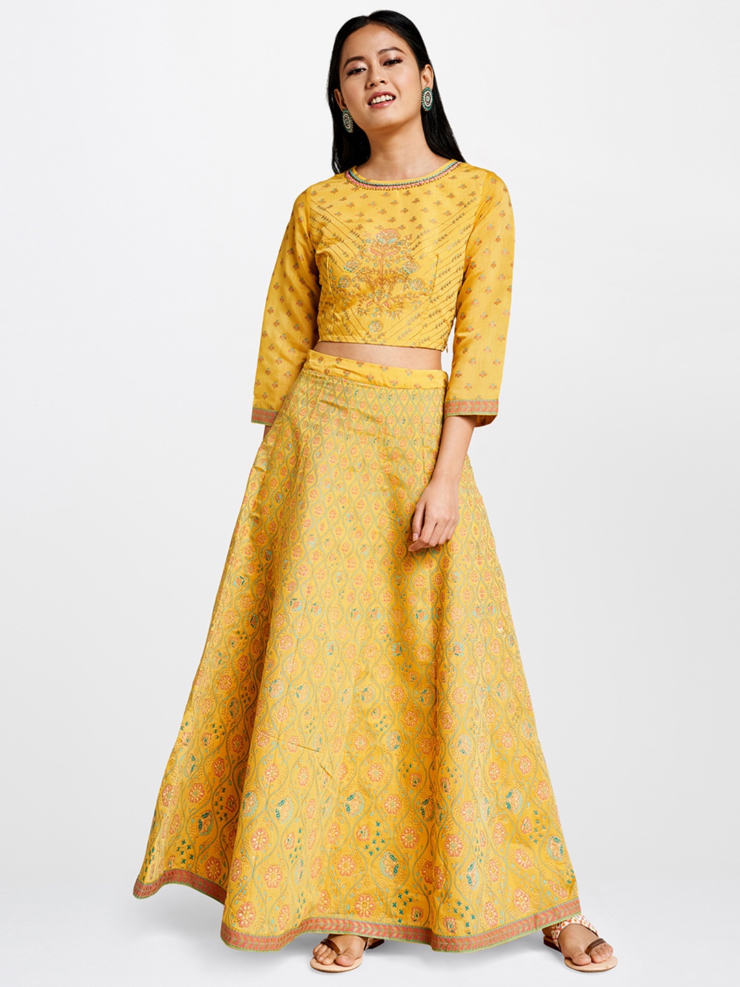 

Global Desi Women Yellow & Pink Embroidered Top with Skirt