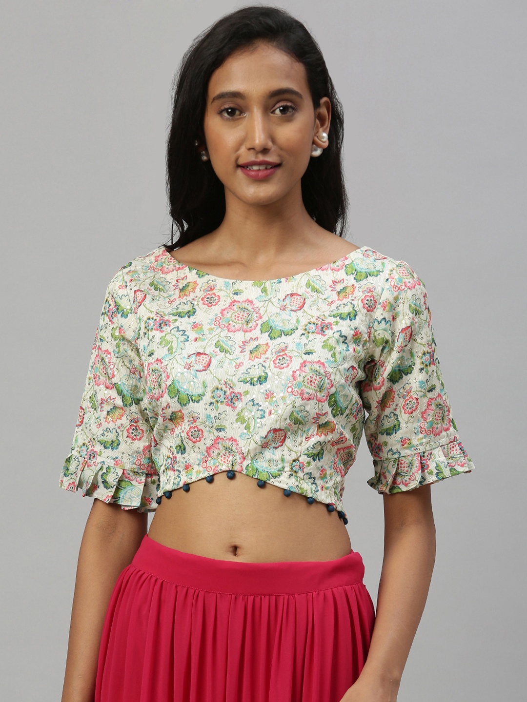 

Inddus Women Cream-Coloured & Green Floral Printed Ethnic Crop Top