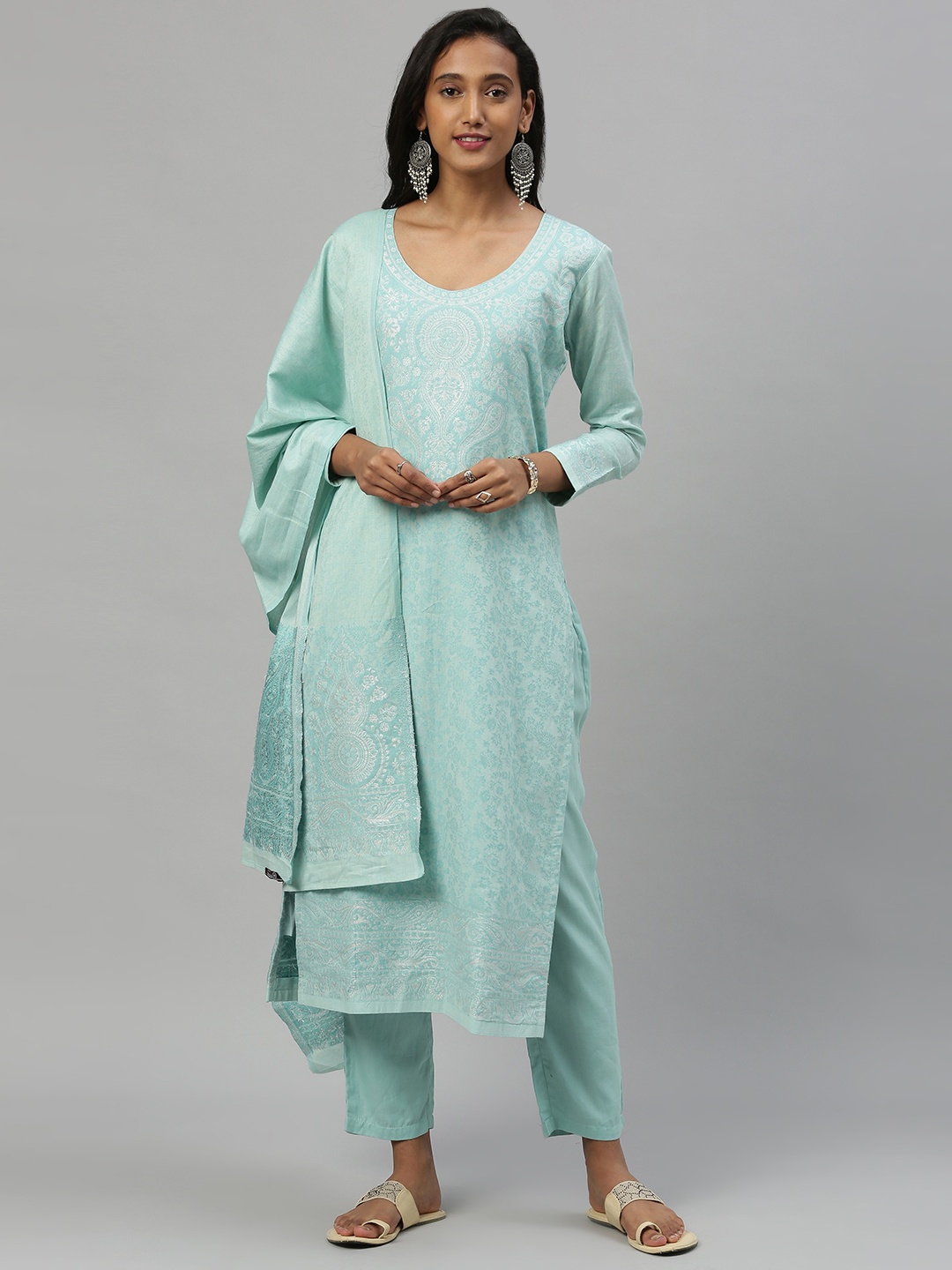 

Inddus Blue Silk Blend Jacquard Weave Unstitched Dress Material