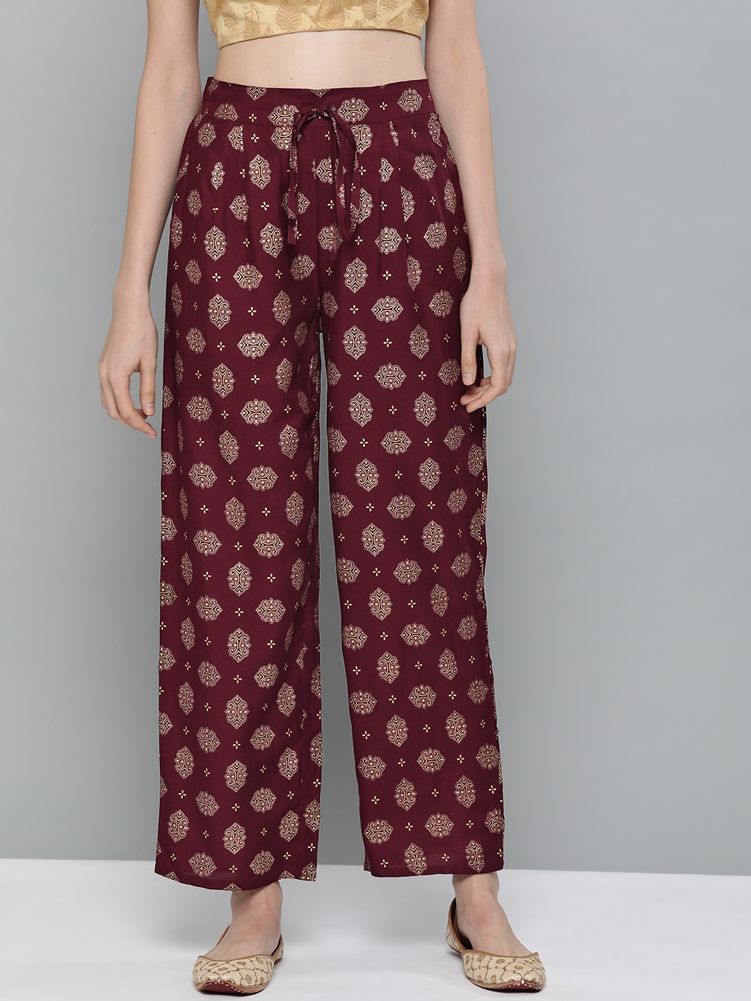 

HERE&NOW Women Purple & Golden Printed Straight Palazzos