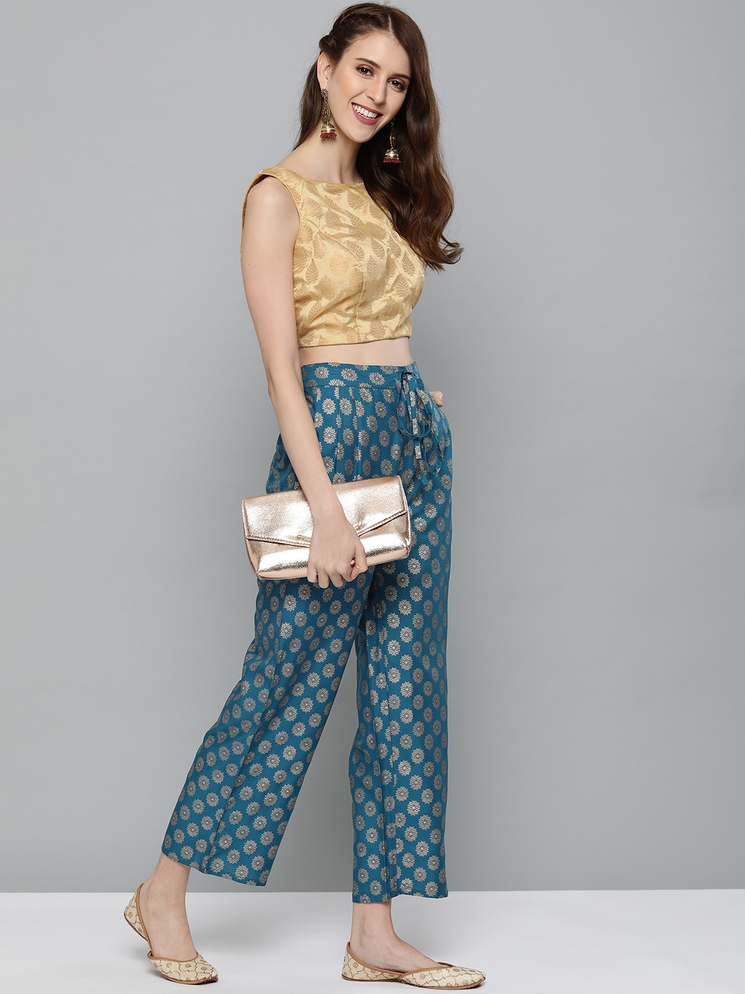 

HERE&NOW Women Teal Blue & Golden Printed Straight Palazzos
