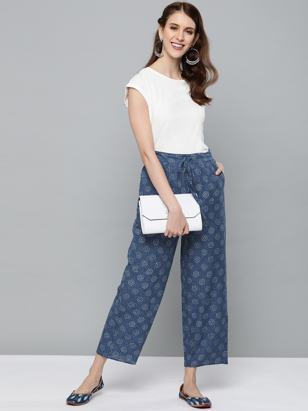 

HERE&NOW Women Blue & White Printed Straight Palazzos