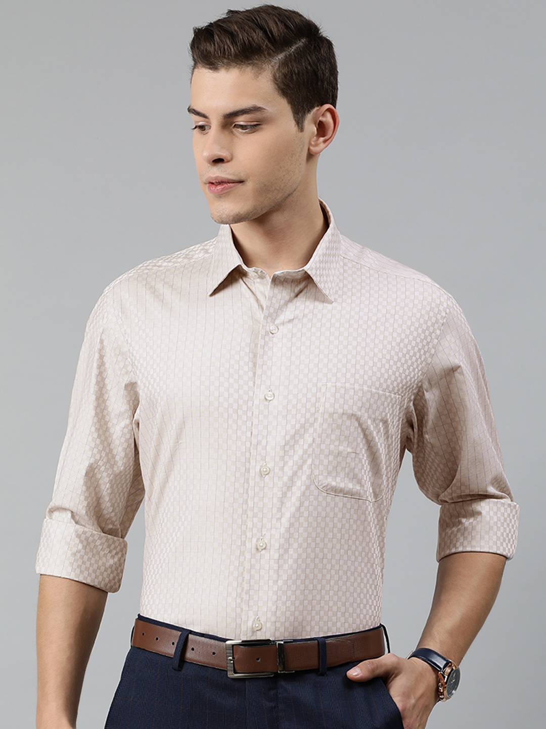

Arrow Men Beige & Blue Regular Fit Checked Formal Shirt