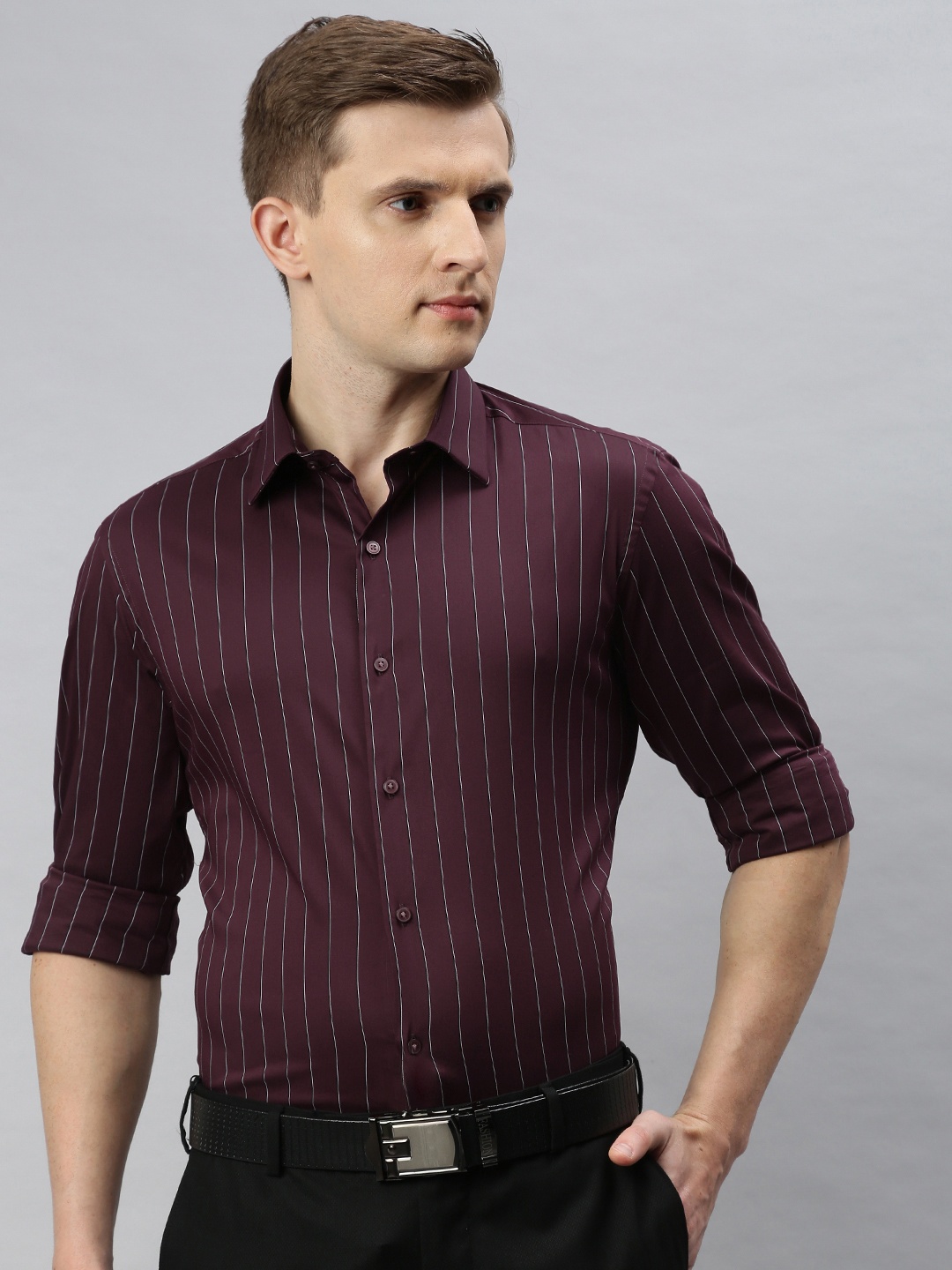 

Arrow New York Men Burgundy Slim Fit Striped Formal Shirt