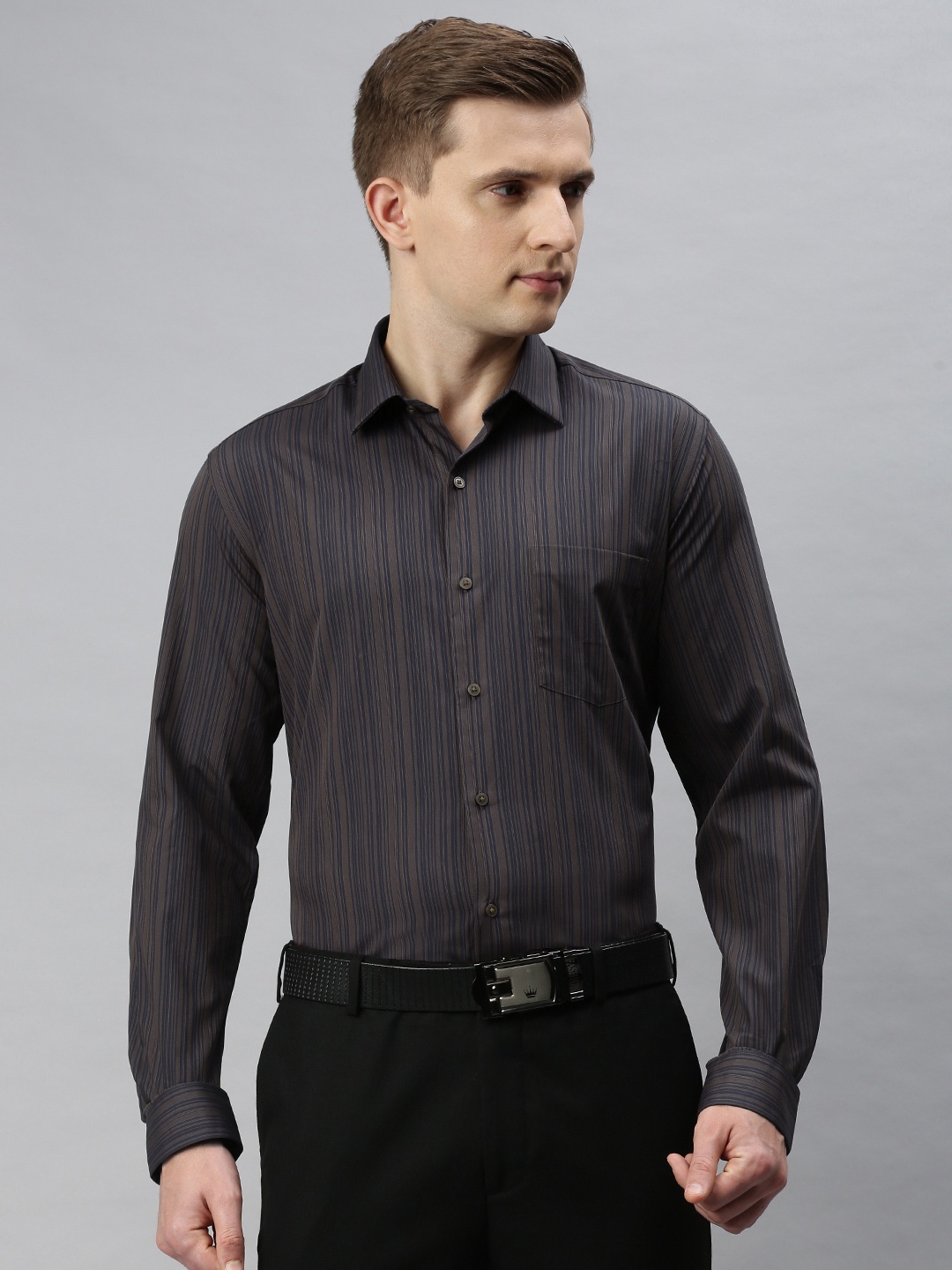 

Arrow New York Men Brown & Navy Blue Slim Fit Striped Formal Shirt