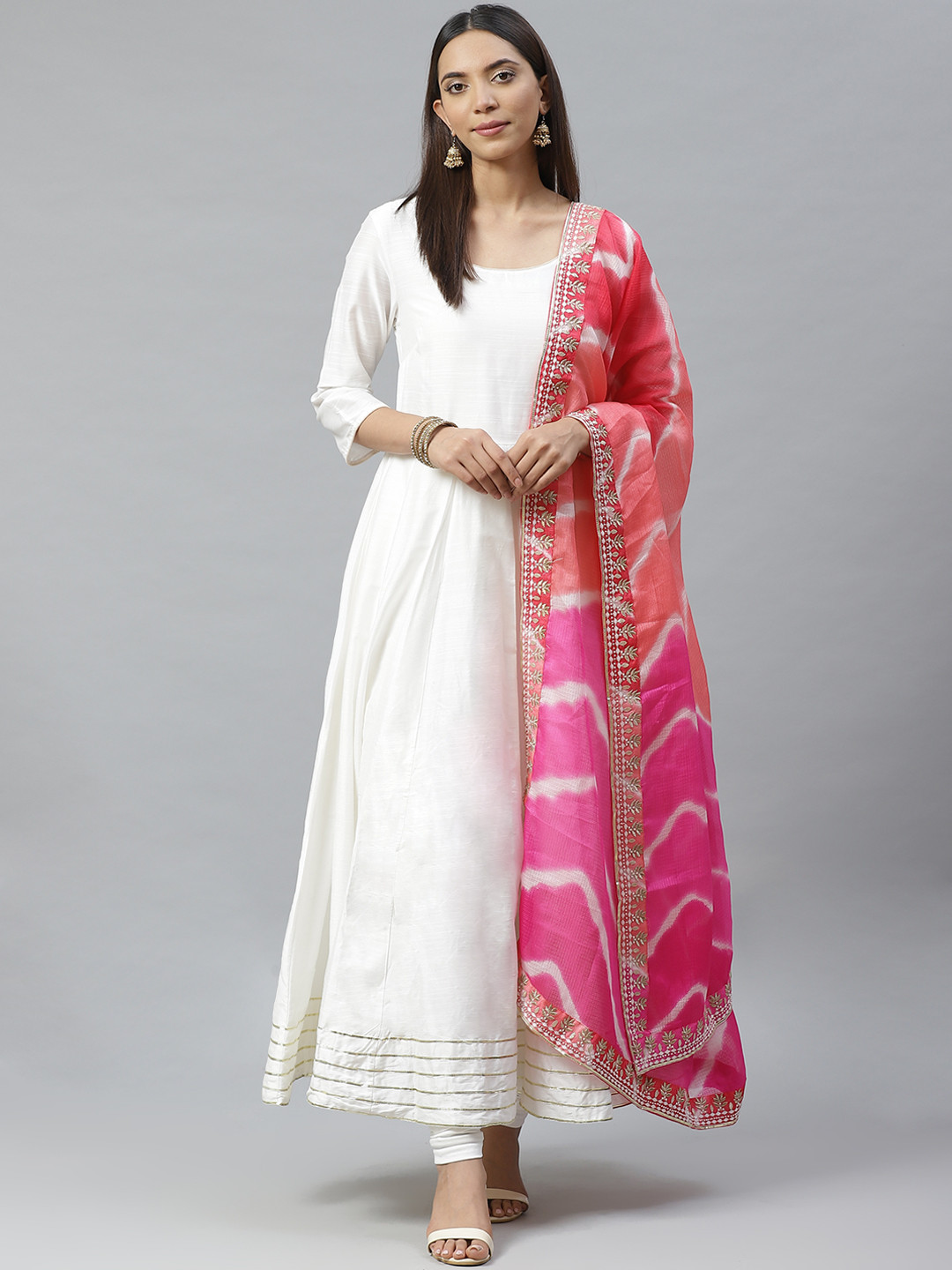 

Biba Women White & Pink Solid Kurta with Churidar & Dupatta