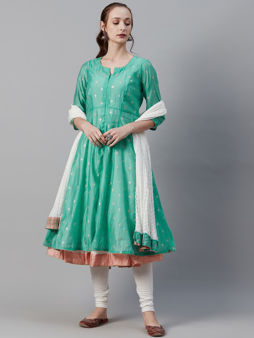 

Biba Women Turquoise Blue & White Printed Layered Kurta with Churidar & Dupatta