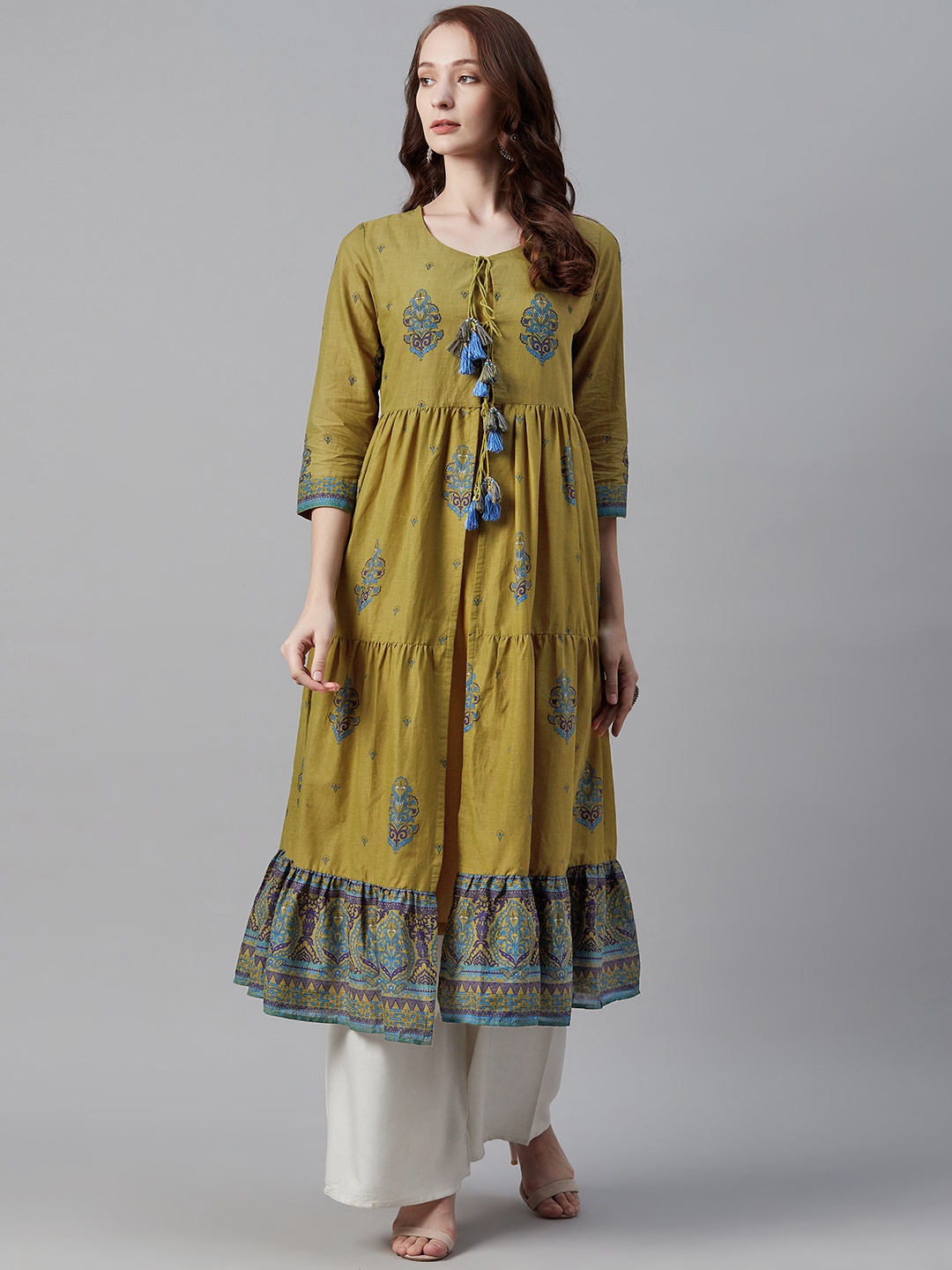 

Biba Women Green & Blue Printed Tiered A-Line Kurta